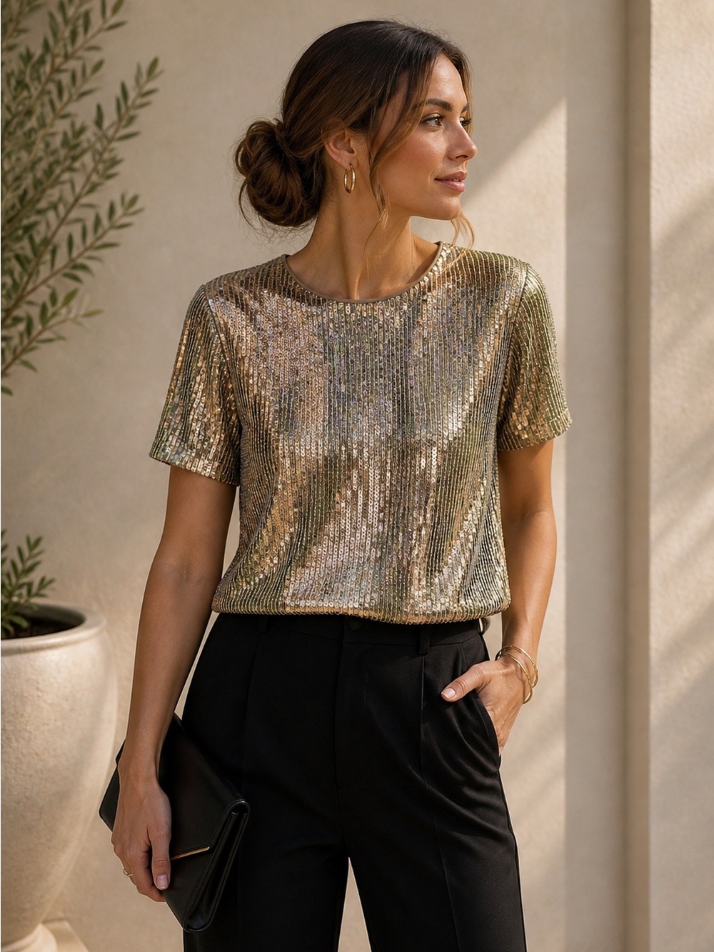 BÖHME Metallic Bronze Sequin Top NWT Size Medium Short Sleeve Party